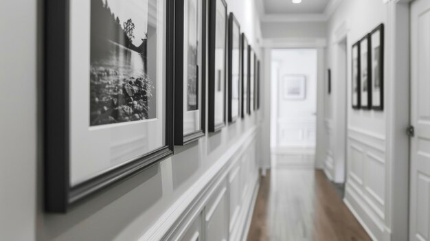 Zdjęcie korytarz wyłożony ramkami czarno-białych zdjęć krajobrazowych przypominających prostotę natury