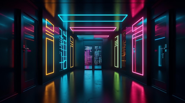 Korytarz z neonami i napisem „neon”