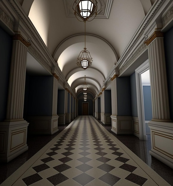 Zdjęcie korytarz z podłogą w szachownicę i oprawą oświetleniową zwisającą z sufitu.