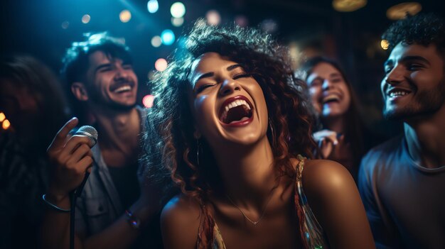 Zdjęcie korzystanie z karaoke i tańca na świątecznym przyjęciu z grupą szczęśliwych młodych kumpli generatywna sztuczna inteligencja