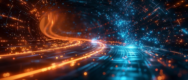 Korzystanie z neonowo-niebieskich i pomarańczowych świecących pasków świetlnych w kolorach cyberpunka do poruszania się po 3D futurystycznych ścieżkach pustych przestrzeni sci-fi