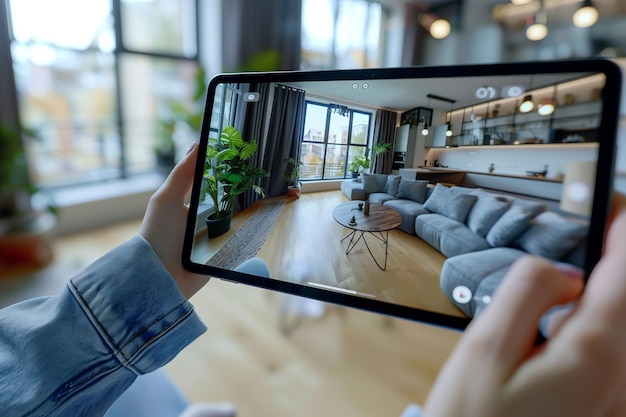 Zdjęcie korzystanie z tabletu do oglądania nowoczesnego mieszkania z rozszerzoną rzeczywistością