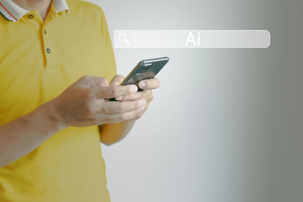 Korzystanie ze smartfona do wyszukiwania AI Sztuczna inteligencja futurystyczna technologia biznesowa rozwój oprogramowania i synchronizacja połączenie z siecią bezprzewodową