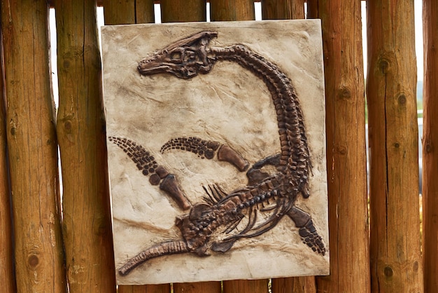 Kości starożytnych starych prehistorycznych dzikich zwierząt wiszące na ścianie na wystawie Koncepcja paleontologii