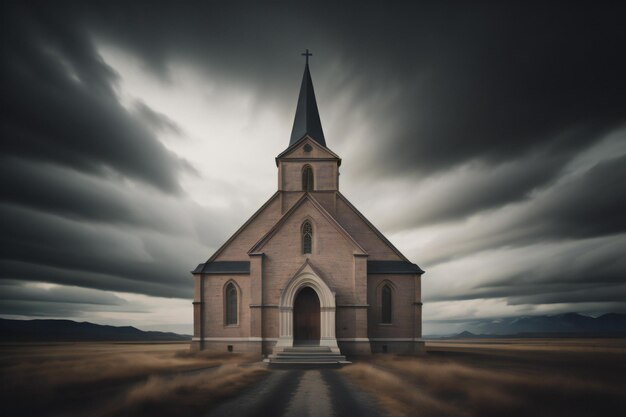 Kościół na polu z dramatycznym niebem generatywnym ai