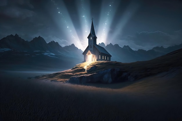 Kościół na wzgórzu ze słońcem przebijającym się przez chmury