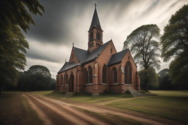 Kościół w parku z chmurnym niebem Koncepcyjny obraz religii generatywny ai