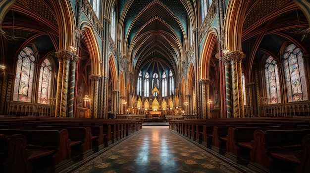 Kościół Z Niebieskim Sufitem I Dużym Oknem Z Napisem Notre Dame Pośrodku.