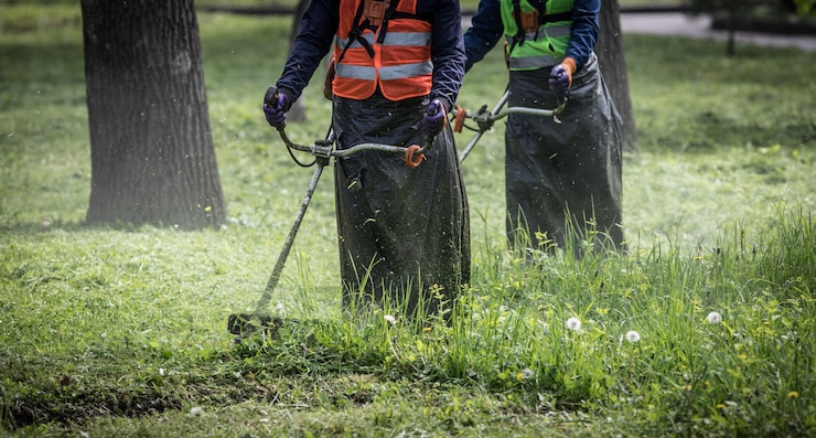Zdjęcie kosiarka z podkaszką kosi trawnik