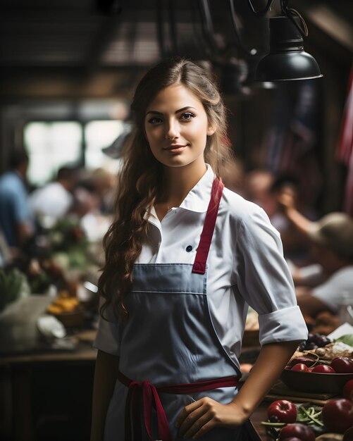 Kosmetyczka w fartuchu w kuchni restauracji