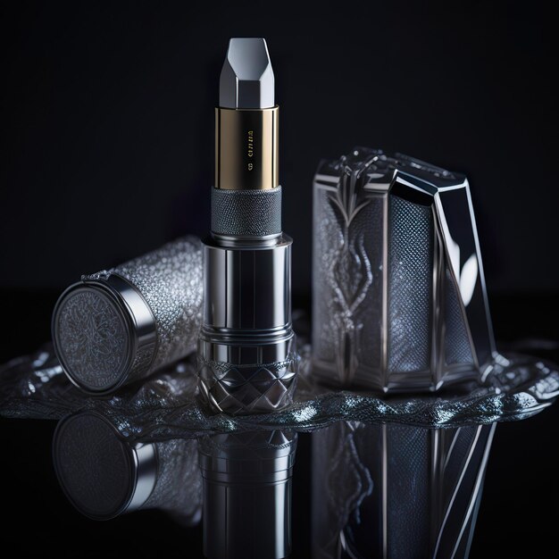 Zdjęcie kosmetyczna szminka do makijażu z srebrnymi akcentami na ciemnym tle