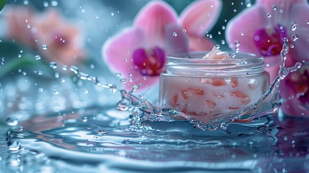 Zdjęcie kosmetyczny słoik krema nawilżająca skórę twarz krema na powierzchnię wody tło orchidei ekologiczne leczenie piękna