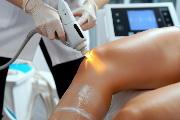 Kosmetyk robiący laserową epilację kobiecie na udze