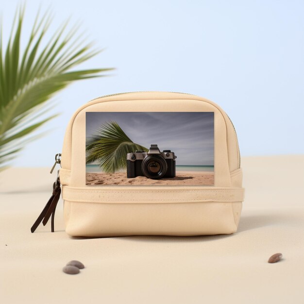 Zdjęcie kosmetyki na lato torebka kosmetyczna z egzotycznymi liśćmi na piasku