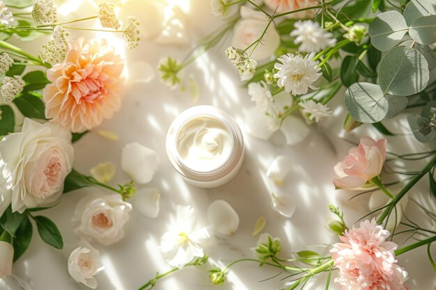 Kosmetyki naturalne Produkty do pielęgnacji skóry z zielonymi liśćmi i kwiatami Generatywna sztuczna inteligencja