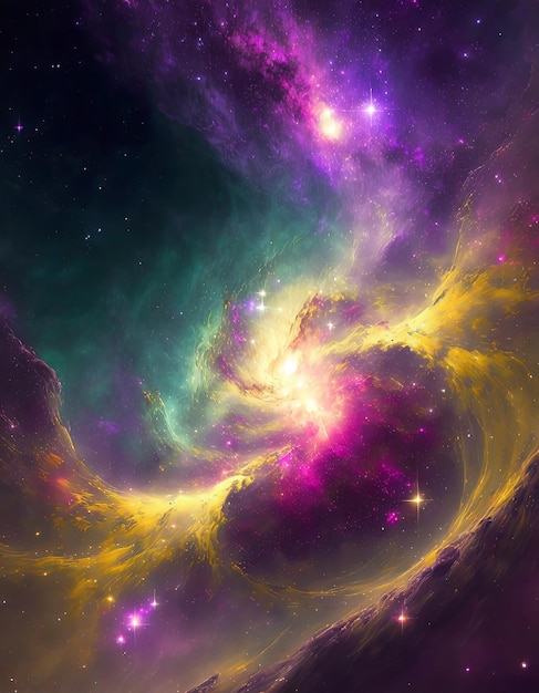 Zdjęcie kosmiczna galaktyka wszechświat z mgławicą i jasnymi, świecącymi gwiazdami kolorowa galaktyka