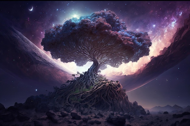 Kosmiczna mgławica rośnie gigantyczne drzewo rosnące na asteroidzie AI Generative