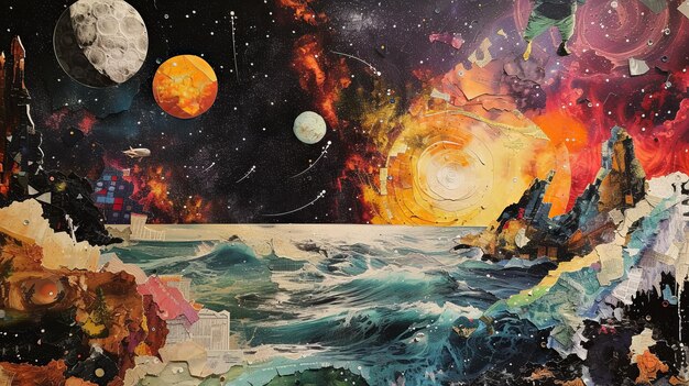 Kosmiczna scena z niesamowitymi planetami Modny kolaż z rozerwanym papierem