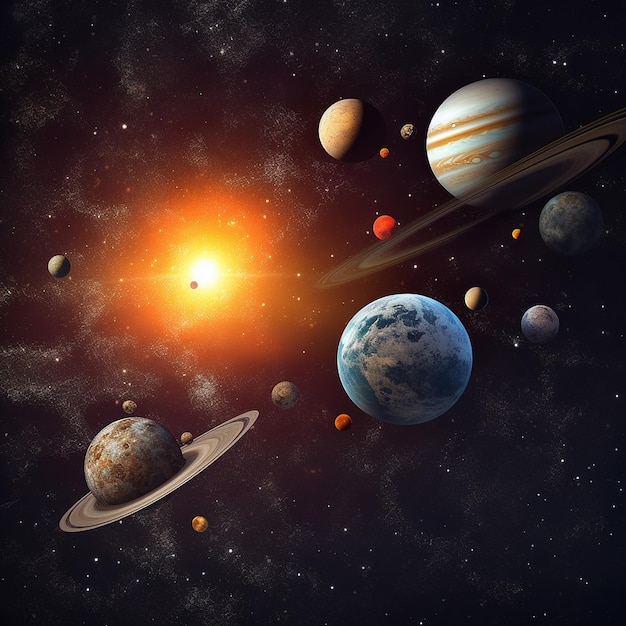 Kosmiczna scena z planetami i Słońcem w tle.