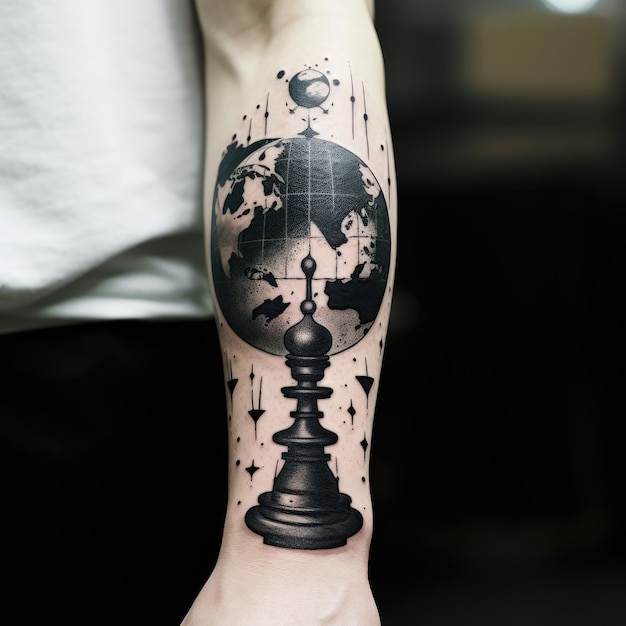 Kosmiczna usterka Tatuaż wyczerpanej Ziemi z królewską figurą szachową we wszechświecie