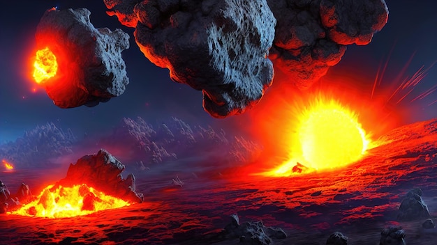 Kosmiczne asteroidy spadające na eksplozje planet i zderzenia komet w kosmosie Fantazyjny kosmiczny krajobraz powstawania wszechświata ilustracja 3d big bang