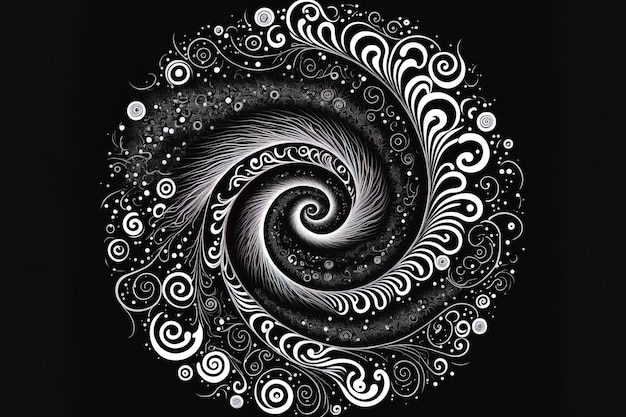 Kosmiczne bazgroły w postaci ręcznie rysowanej abstrakcyjnej spirali kosmicznej w czerni i bieli