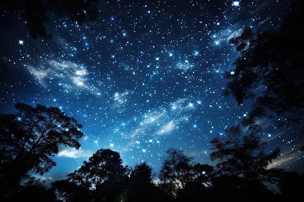 Kosmiczne gwiazdy płoną jasno na nocnym niebie Widok gwiazd z chmurami przez drzewa w lesie lub nad miastem Generacyjna sztuczna inteligencja