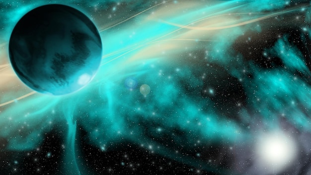 Kosmiczne tło - niebieska planeta i kosmiczna mgławica na tle ciemnego nieba i gwiazd.