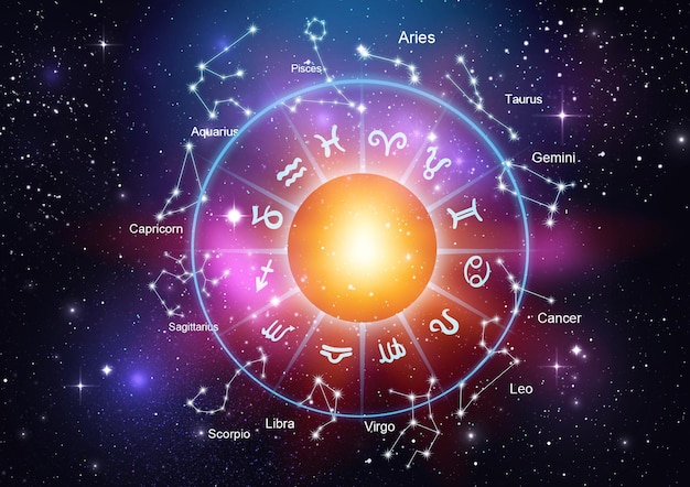 Kosmiczne tło, światło słoneczne z gwiazdą i znakiem astrologii