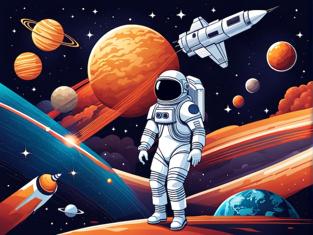 Kosmiczny astronauta i science fiction Ilustracje wektorowe wszechświata rakiety statek kosmiczny planeta f