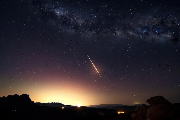 Kosmiczny lot turystyczny za deszczem meteorytów z iskrami strzelającymi po niebie