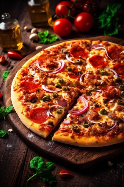 Kosmiczny posiłek włoski fast food czarne tło Włochy pizza ser kopię pomidora Generatywna sztuczna inteligencja