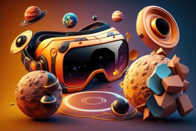 Kosmiczny projekt z realistycznymi planetami 3D i kosmicznymi asteroidami oraz kometami do gry w wirtualne okulary i gamepad AI