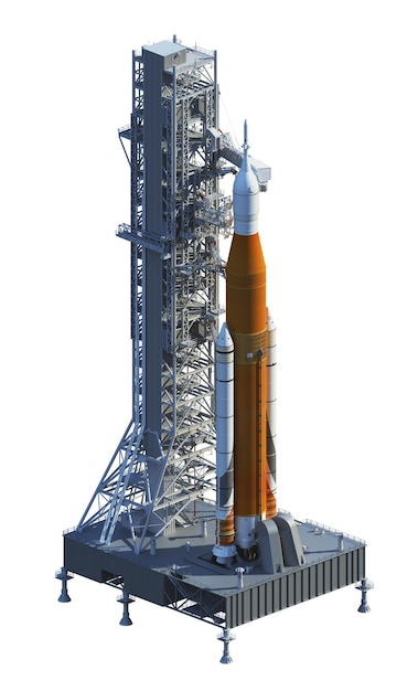 Zdjęcie kosmiczny system startowy i platforma startowa na białym tle