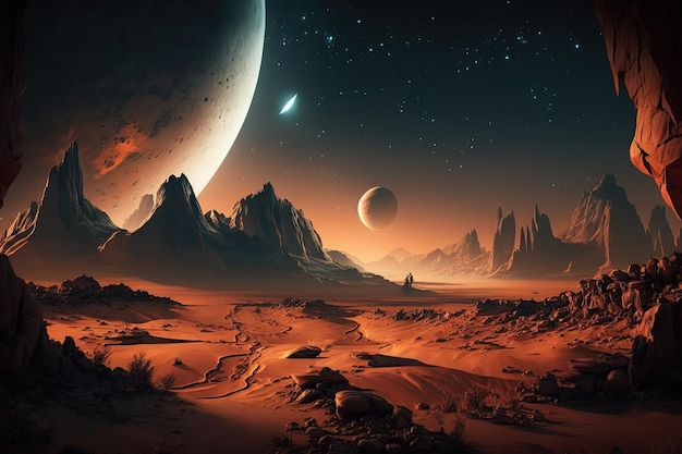 Kosmiczny widok krajobrazu kosmosu i planet kosmicznych gór w świetle księżycaGenerative AI