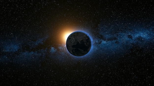 Kosmiczny widok na planetę Ziemię i Sun Star obracającą się wokół własnej osi w czarnym Wszechświecie. Droga Mleczna w tle. Płynna pętla ze zmianą świateł miasta w dzień iw nocy. Elementy obrazu dostarczone przez NASA