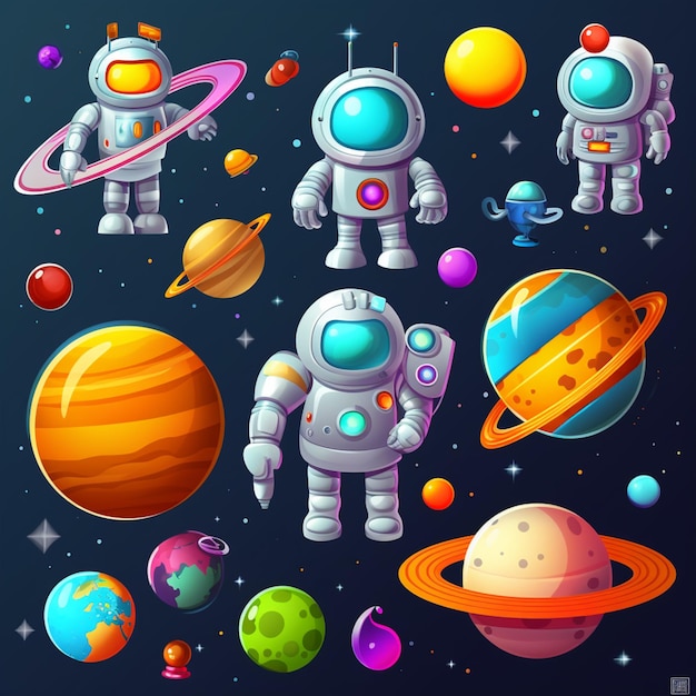 Kosmiczny zestaw kreskówek z astronautami i planetami generatywny ai