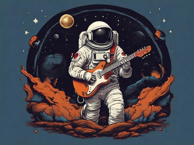 Kosmonauta biegnie z projektem koszulki z wektorem gitary