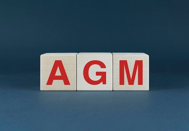 Zdjęcie kostki tworzą słowo agm concept of annual general meeting and business