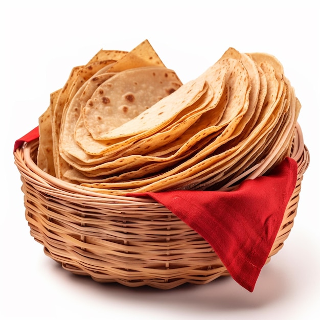 Kosz chleba jest wypełniony czerwonym suknem z napisem roti.