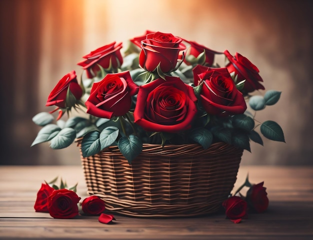 Kosz czerwonych róż na drewnianym stole