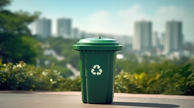 Zdjęcie kosz do recyklingu na zielonym tle miasta koncepcja ekologii i ochrony środowiska zasób zrównoważony