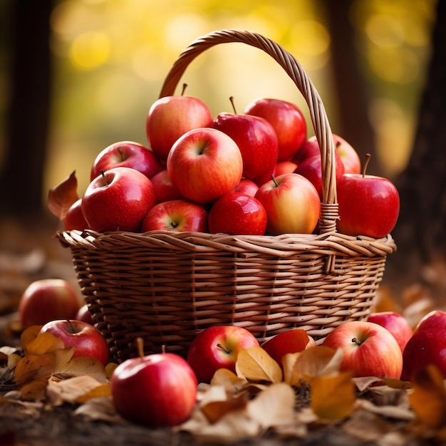 Kosz dojrzałych czerwonych jabłek na trawie Świeżo zebrane owoce w słońcu