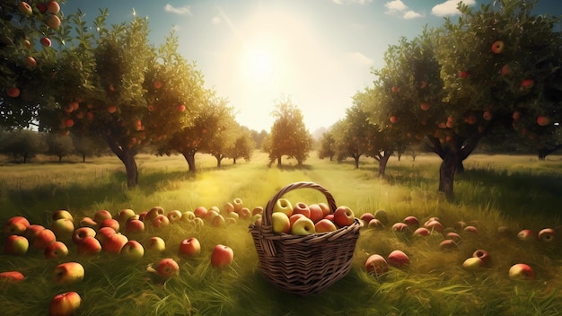 Kosz jabłek leży na polu, na którym świeci słońce