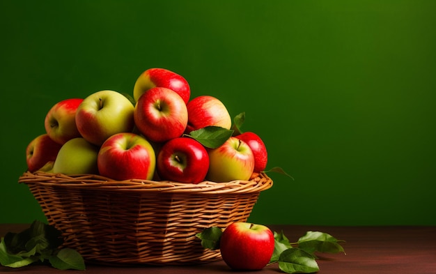 Kosz jabłek na stole z zielonym tłem