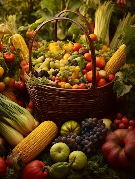 kosz kukurydzy, kukurydza, kukurydza i kukurydza jest pokazany z koszem warzyw.
