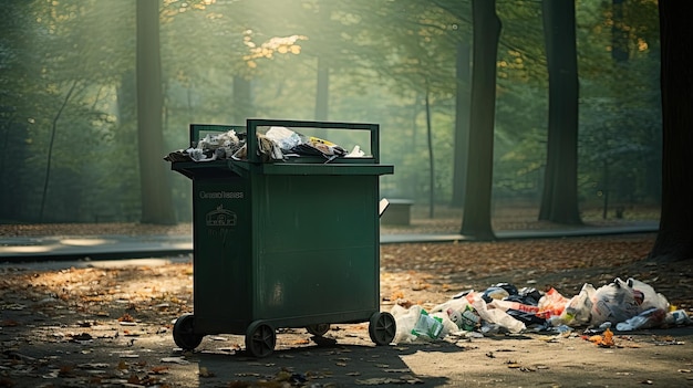 Kosz na śmieci jest wypełniony śmieciami i odpadami w parku Zanieczyszczenie środowiska