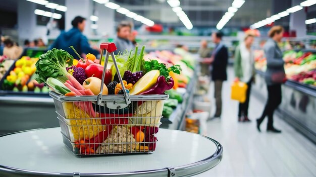 Kosz na zakupy pełen jedzenia i artykułów spożywczych na stole w supermarkecie