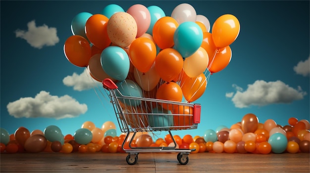 Kosz na zakupy z kolorowymi balonami na niebieskim tle ilustracja 3d