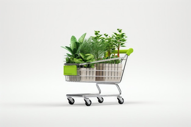 Kosz na zakupy z roślinami na białym tle Generatywna sztuczna inteligencja